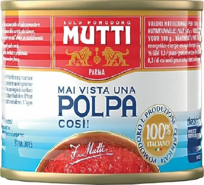 A can of Mutti Polpa tomatoes.