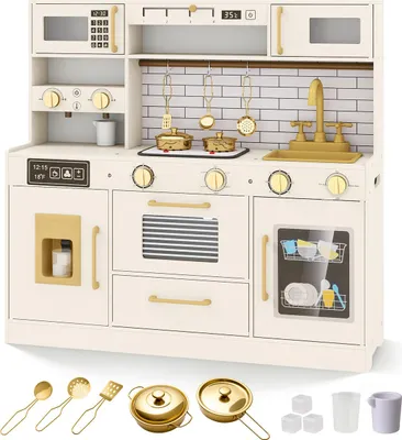Immagine prodotto di COSTWAY Cucina per bambini, cucina giocattolo con luci, suoni, accessori, lavello, distributore di ghiaccio, microonde, distributore d'acqua e forno, cucina in legno, cucina giocattolo per bambini dai 2 anni in su
