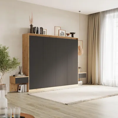 Produktbild von SMARTBett Set 160-Schrankbett Horizontal WAVES mit 2 Nachtkonsolen Wildeiche/Anthrazit WAVES