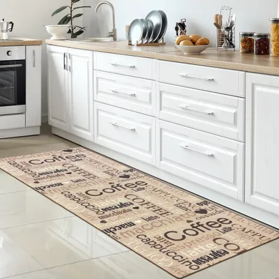 Produktbild von Küchenläufer I beige I schwarz braunem Schriftzug Coffee Cappuccino Espresso Macchiato Größe - 80 x 250 cm