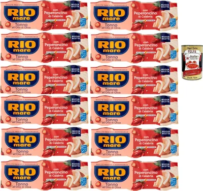 Produktbild von Rio mare Tonno all'Olio di Oliva con Peperoncino di Calabria, Thunfisch mit Olivenöl mit Kalabrien -Chili -Pfeffer 36x 65 g + Italian Gourmet polpa 400g
