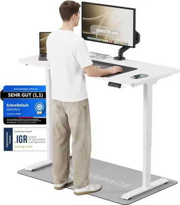 Produktbild von DESKSPACE PRO Elektrisch höhenverstellbarer Schreibtisch – 140x70 cm Memory & Kollisionsschutz, Computertisch Weiße Tischplatte / Weiße Gestell
