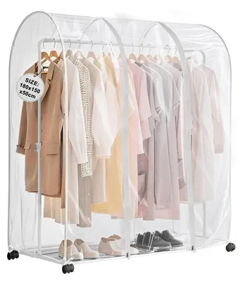 Produktbild von Kleiderständer-Abdeckung 180 x 150 x 50 cm Große Schutzhülle für Kleidung Transparente Kunststoffhülle mit 2 Reißverschlüssen Kleidertaschen Staubschutzhülle für Kleiderständer