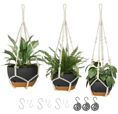 Produktbild von 3er-Set Makramee Blumenampeln mit Selbstbewässerung, Hängende Blumentöpfe mit Kette, Schwarz (28/23/20 cm)