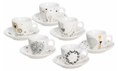 6 Kaffeetassen mit Untertassen, Porzellan, bunt