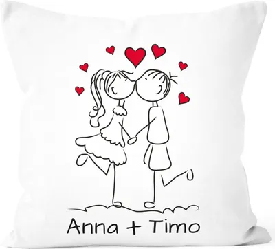 Produktbild von Kissen-Bezug Personalisierbares Liebespaar Strichmännchen Kissen-Hülle mit Namen Baumwolle Geschenke Dekokissen SpecialMe® weiß unisize