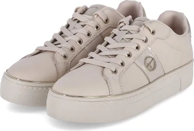 A pair of beige Tamaris women's sneakers are shown from a slightly elevated front-left angle against a white background.