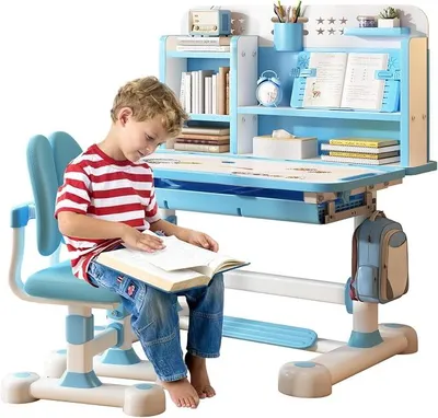 Produktbild von Kinderschreibtisch Höhenverstellbar, Kinder Schreibtisch mit Stuhl Set, Schreibtisch Kinder ab 6 Jahren mit Schubladen, Ergonomisches Design für Jungen & Mädchen (Blau)