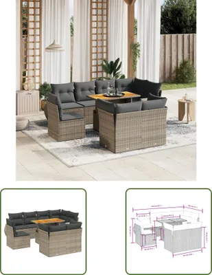 Produktbild von The Living Store 9-tlg. Garten-Sofagarnitur mit Kissen Grau Poly Rattan