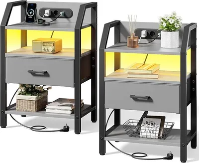 Imagen del producto de Juego de 2 mesitas de noche con estación de carga y LED, mesita auxiliar con cajón y 3 compartimentos, mesa auxiliar para sofá con enchufes y puertos USB, mesita de noche para dormitorio o sala de estar, 46x66x29.3 cm, gris