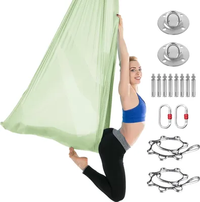 Immagine prodotto di Amaca per aerial yoga - Set altalena per yoga - Tessuto di seta - 5 m - Con moschettoni e catena a margherita - Inversioni e Pilates - Oro