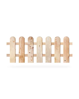 A wooden fence made of vertical planks with rounded tops, supported by horizontal planks.
