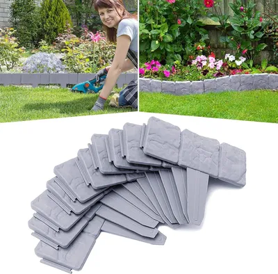 Produktbild von JOIEYOU 2,5M Rasenkante Kunststoff Beeteinfassung T-Form Beetumrandung mit Bodenspieß & Schnalle, Flexible Schneidebar Gartenpalisade, Hellgrau (10pcs, 25x23cm)