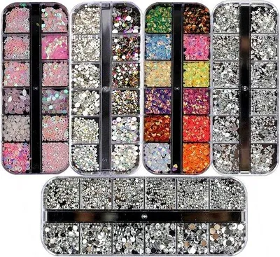 Produktbild von Unyqoos® Nail Art Strass-Set – 3000 Stück (5 Dutzend), flachrückige Multicolor Strasssteine in 12 Farben & 12 Formen (u.a. Pferdeaugen, Herzen) für Nageldeko