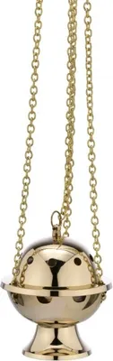 Produktbild von Weihrauchfass mit Kette zum Hängen aus Messing Gold Höhe 11 cm mit Innenschale aus Stahl für die Räucherkohle