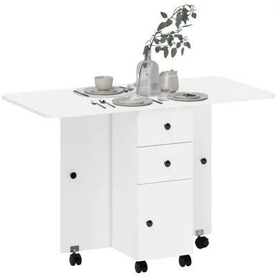 Produktbild von Klapptisch Esstisch auf Rollen - Konsolentisch - Klappplatten - 2 Schubladen - 120x60x76,5 cm - Weiß