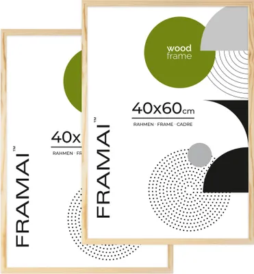 Two FRAMAI picture frames are shown, with marketing graphics and text indicating size and material.