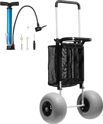 A beach cart and accessories are displayed against a white background.
