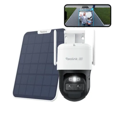 A Reolink 4K 8MP battery/solar panel surveillance camera with a smartphone displaying a live feed.