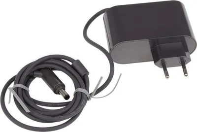 A black power adapter with a coiled cable and a plug.