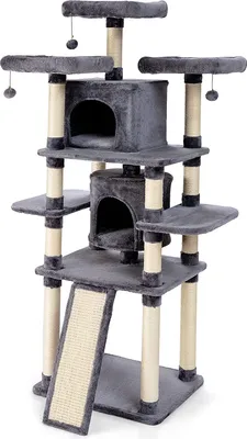 A multi-level cat tree with scratching posts, perches, and enclosed cubbies.