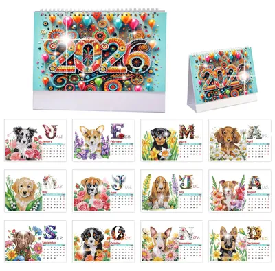 Diamond Painting Dierenkalender 2026, 25x19 cm, Tischkalender