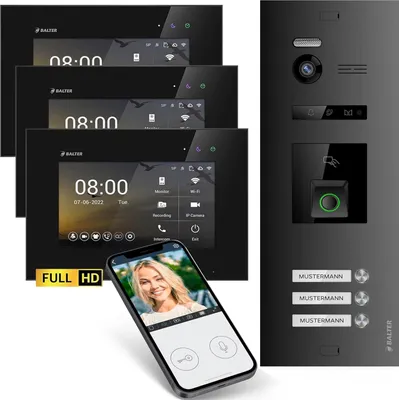 Produktbild von HD Video Türsprechanlage mit Fingerprint RFID und Smartphone App für 3 Familienhaus, 3x Monitore