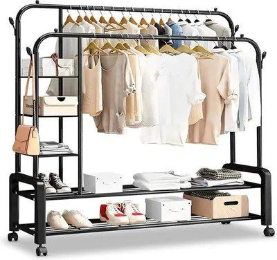 Zdjęcie produktu dla Wieszak na ubrania XL, szerokość 150 cm, Bardzo duży wieszak na ubrania na kółkach, Wieszak na ubrania z dwoma drążkami na ubrania i półkami, Solidny wieszak na ubrania, Czarny wieszak na ubrania