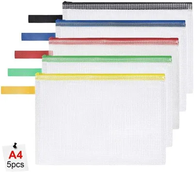 Zdjęcie produktu dla Siatkowa torba plastikowa formatu A4 z zamkiem błyskawicznym, 5 sztuk, wodoodporna, na dokumenty, papier, teczki