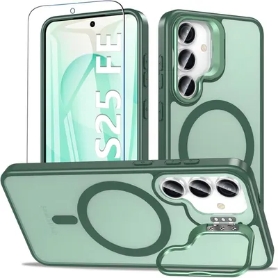 Obrázek produktu pro Ochranné pouzdro se stojánkem a tvrzeným sklem pro Samsung Galaxy S25 FE, matná zelená barva