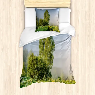 Produktbild von ABAKUHAUS Natur Mantele, Weg mit Bäumen Blumen, Milbensicher Allergiker geeignet mit Kissenbezügen, 135 cm x 200 cm - 80 x 80 cm, Grün