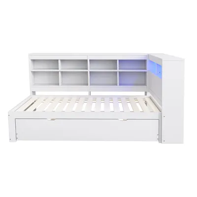 Produktbild von Flieks Tagesbett Einzelbett 90x200cm mit Ausziehbett & Ladefunktion, Schlafsofa Sofabett mit LED, Holzbett Jugendbett mit Regal, Daybed Gästebett Weiß