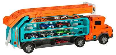 Obrázok produktu pre Pretekárska autodráha transportér 6 autíčok, dvojdráha, oranžovo-modrá, pre deti 3+