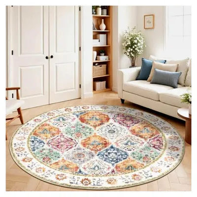 Produktbild von Runder Vintage Teppich 120 cm Waschbar, Weich und Flauschig, Kurzflor, Rutschfest, Bunt