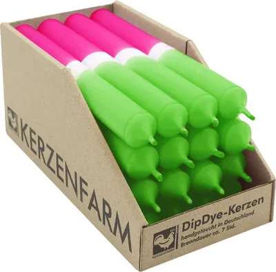 Produktbild von DIP DYE Stabkerzen aus Paraffin, 180/22 mm, Neongrün-Pink, KERZENFARM HAHN, Brenndauer ca. 7h, 16 Stück pro Verpackung