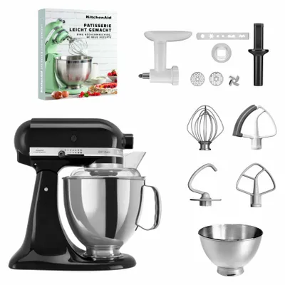 Produktbild von KitchenAid 4,8 L 5KSM175 Artisan Küchenmaschine Pastrylover mit Kunststofffleischwolf+Spritzgebäckvorsatz und Patisserie Buch Onyx schwarz