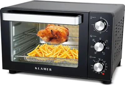 Produktbild von KLAMER Minibackofen mit Umluft (30 Liter), 6 Backfunktionen, 70-230°C, 120 min. Timer, Mini-Ofen inkl. Drehspieß, Grillgitter, Grillrost und Krümelblech, 1.500 W, Pizza Ø30cm, Schwarz
