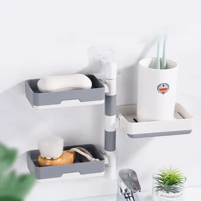 Zdjęcie produktu dla Obrotowa mydelniczka ścienna z 3 poziomami, konstrukcja HIPS, bez wiercenia, do użytku domowego, szara
