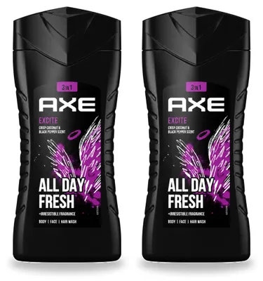 Imagen del producto de 2 unidades de gel de ducha 3 en 1 Axe Excite, aroma coco y pimienta negra, 250 ml. Paquete económico