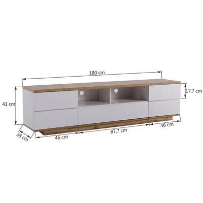A diagram of a white and wood TV stand with dimensions indicated.