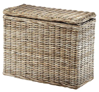 A woven rattan laundry hamper with a lid, presented against a white background.