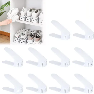 Produktbild von 10 Stück verstellbare Schuhregale als Schuhstapler-Set, Schuhhalter mit 3-facher Höhenverstellung, platzsparende und rutschfeste Schuhaufbewahrung aus Kunststoff (Weiß)