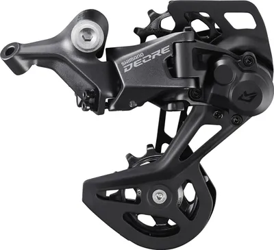 A black bicycle derailleur is shown against a white background.