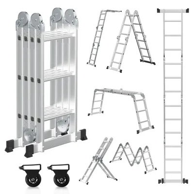 Obrázek produktu pro Vigevee Hliníková univerzální žebřík 7v1, 4x3 stupně, cca 360 cm / 3,6 m, skládací žebřík s kloubem, s platformami, kolečky a protiskluzovou úpravou, maximální nosnost 150 kg