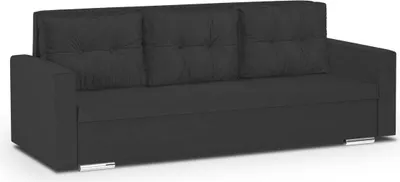 A black sofa with three cushions on a white background.
