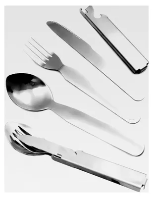 Produktbild von 5-in-1 Campingbesteck, Messer, Gabel, Löffel, Dosenöffner, Flaschenöffner, Edelstahl