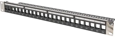 Produktbild von Digitus Modulares Patchpanel für Keystone Jacks 1HE - unbestückt, Cat5e, Cat6, Cat6a, Rackeinbau, 1U, Schwarz, Acrylnitril-Butadien-Styrol (ABS), Stahl, -20 - 75 °C