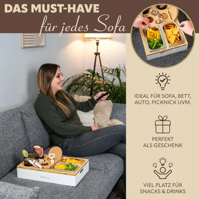 Produktbild von eluno Couchbar, Serviertablett, Sofatablett aus Bambus mit Edelstahl Snackschalen inklusive Getränkehalter, weiß