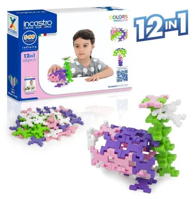 Zdjęcie produktu dla Incastro Colors Mini Pink – klocki konstrukcyjne, 40 elementów (3,5 cm, 4 pastelowe kolory, 12 instrukcji, konstrukcje 2D/3D) – tworzywo sztuczne nadające się do recyklingu, od 4 lat, certyfikaty CE i EN-71