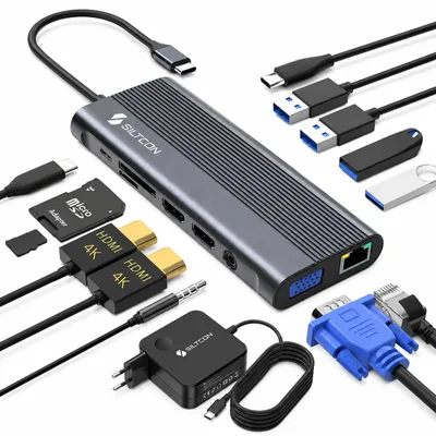 Produktbild von Siltcon® 13-in-1 USB-C Hub mit 100 W Adapter – Dockingstation – 2x HDMI 4K – VGA – RJ45 – SD/TF – Spacegrau